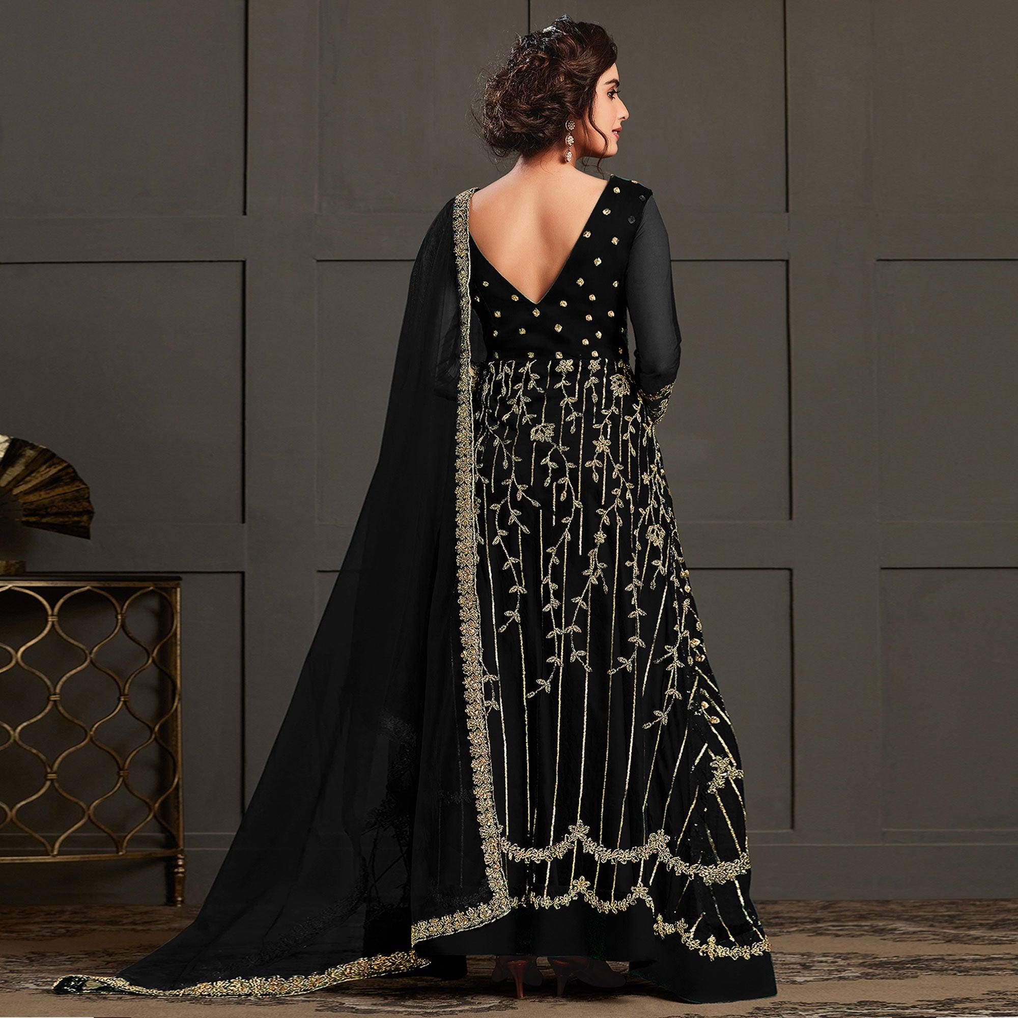 Partywear Designer Embroidery & Cording Black Heavy Butterfly Net Anarkali Suit - Peachmode