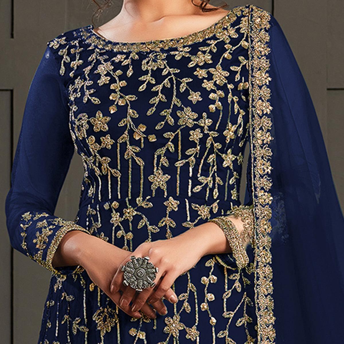 Partywear Designer Embroidery & Cording Navy Blue Heavy Butterfly Net Anarkali Suit - Peachmode