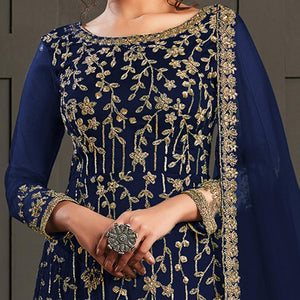 Partywear Designer Embroidery & Cording Navy Blue Heavy Butterfly Net Anarkali Suit - Peachmode