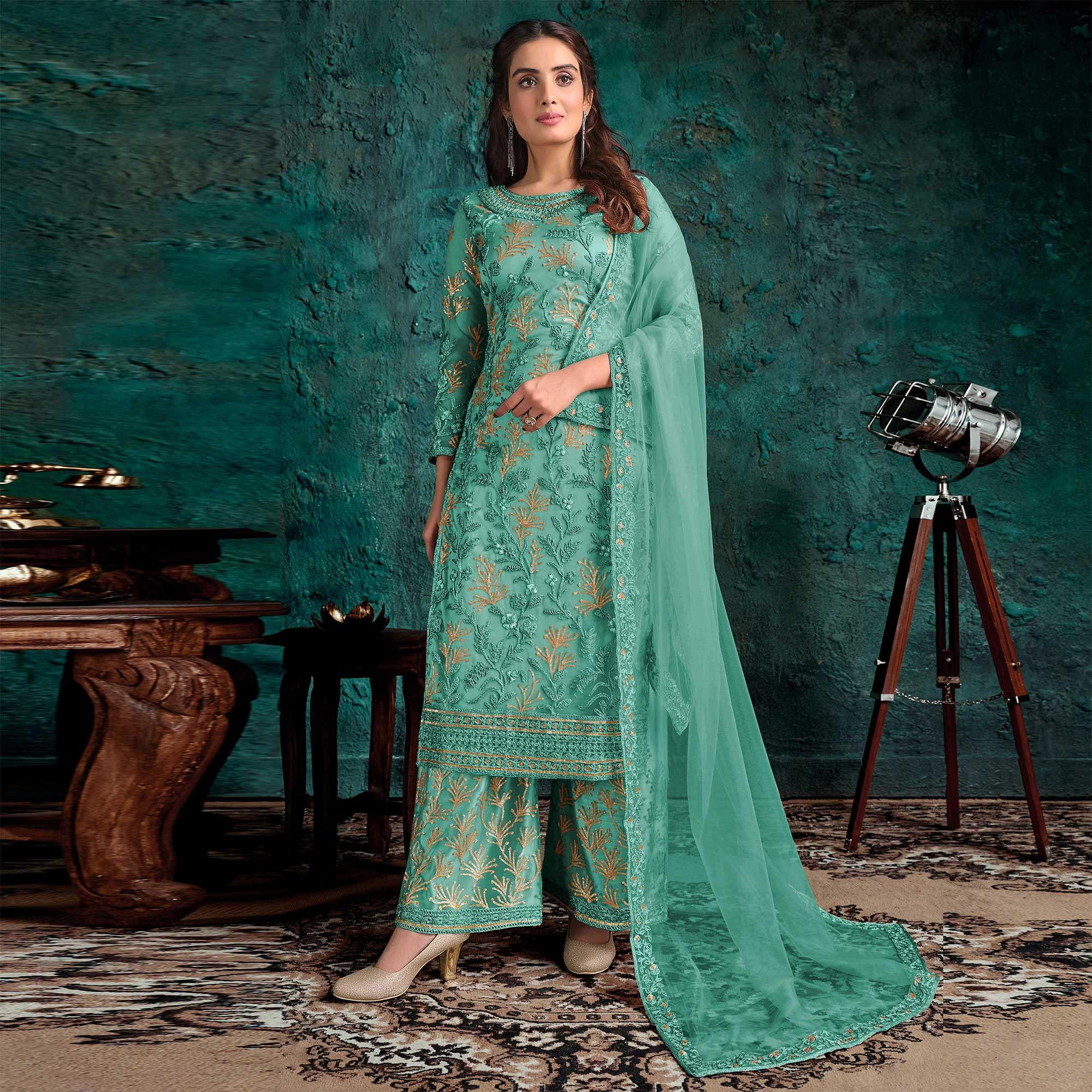 Partywear Designer Embroidery Light Aqua Heavy Butterfly Net Salwar Suit - Peachmode