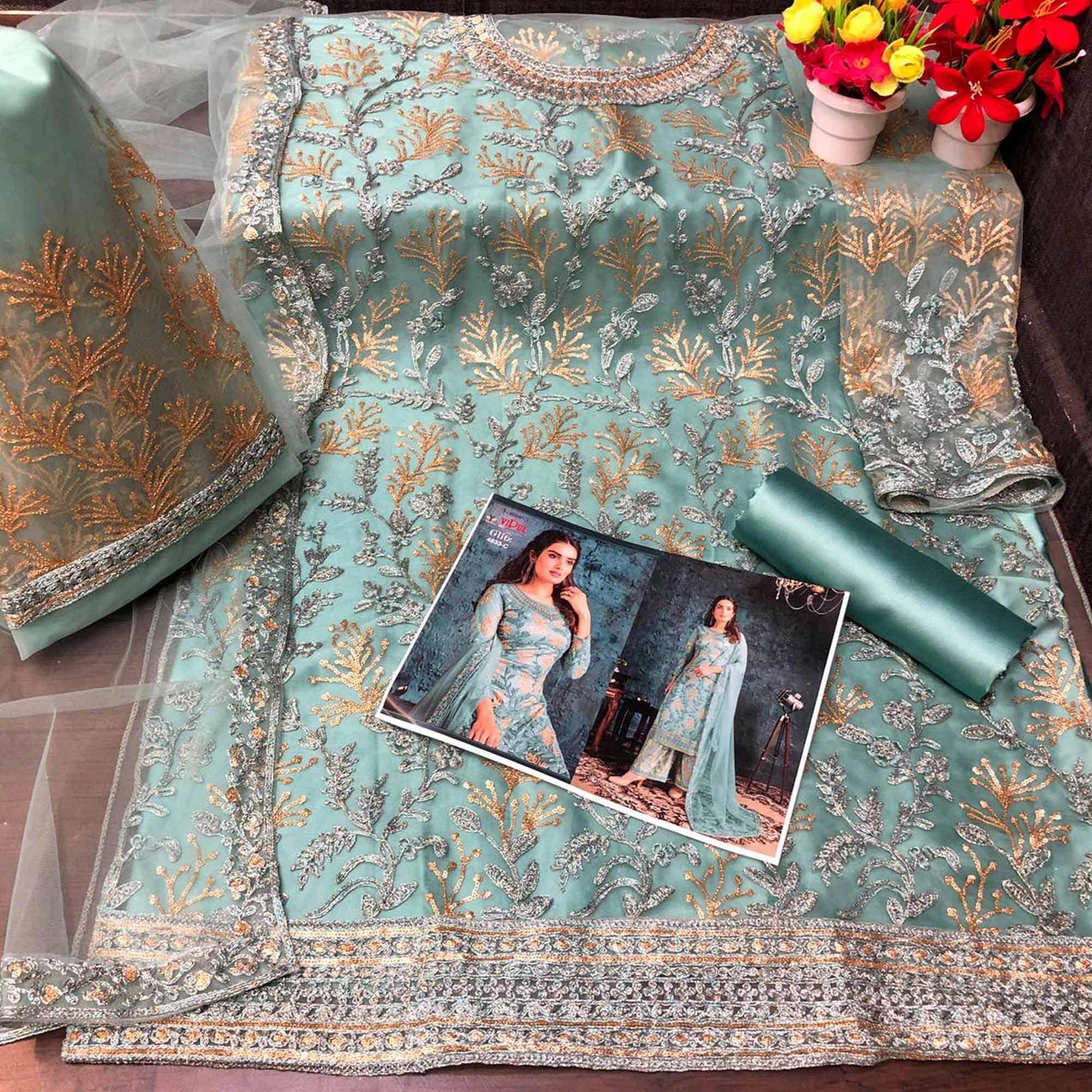 Partywear Designer Embroidery Light Aqua Heavy Butterfly Net Salwar Suit - Peachmode
