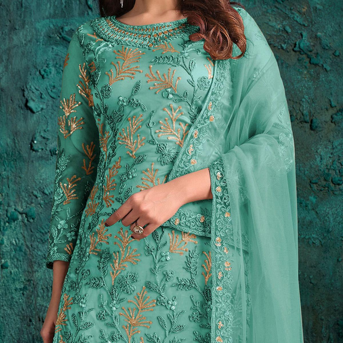 Partywear Designer Embroidery Light Aqua Heavy Butterfly Net Salwar Suit - Peachmode