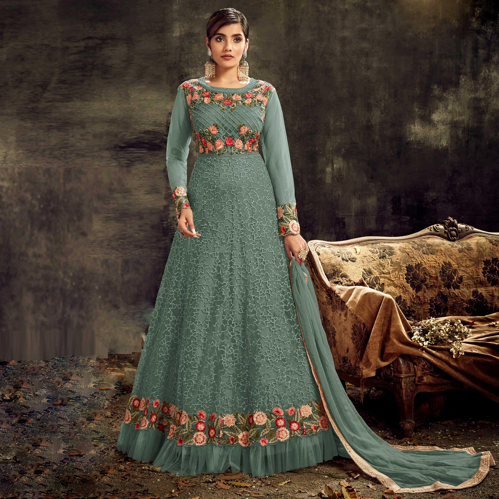 Partywear Designer Embroidery With Stone Work Blue Fog Heavy Butterfly Net Anarkali Suit - Peachmode