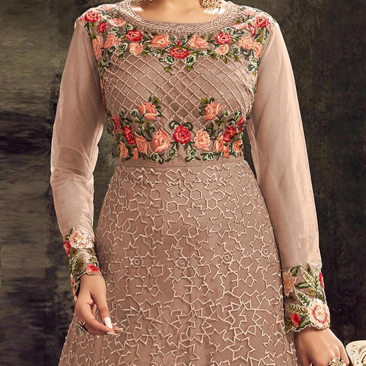Partywear Designer Embroidery With Stone Work Blush Heavy Butterfly Net Anarkali Suit - Peachmode