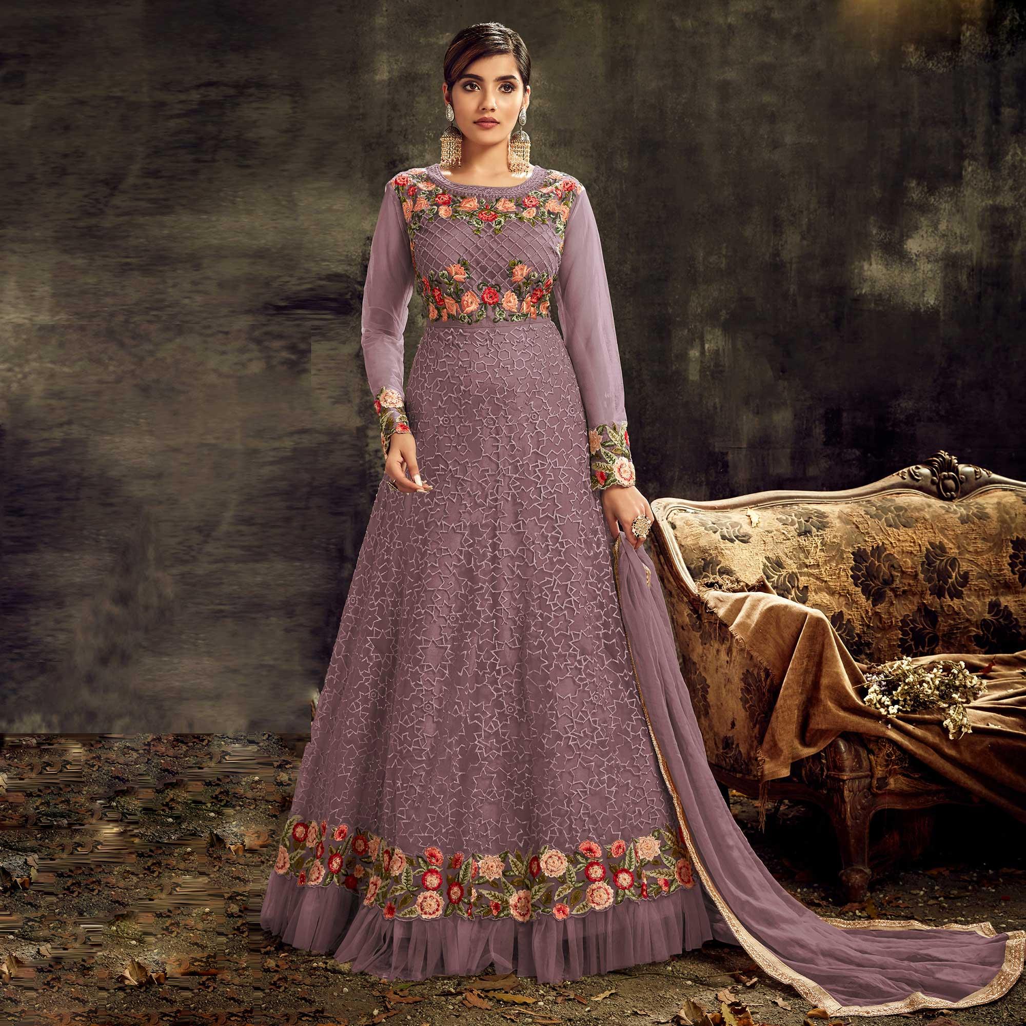Partywear Designer Embroidery With Stone Work Light Purple Heavy Butterfly Net Anarkali Suit - Peachmode