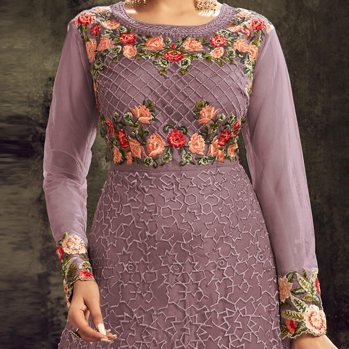 Partywear Designer Embroidery With Stone Work Light Purple Heavy Butterfly Net Anarkali Suit - Peachmode