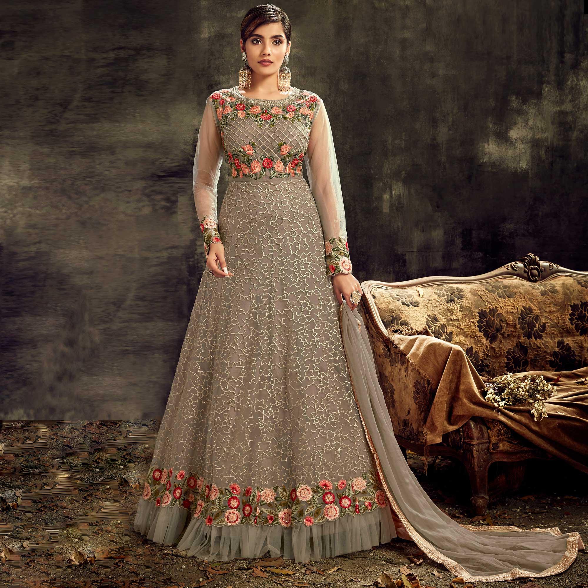 Partywear Designer Embroidery With Stone Work Solar Bronze Heavy Butterfly Net Anarkali Suit - Peachmode