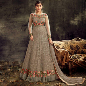 Partywear Designer Embroidery With Stone Work Solar Bronze Heavy Butterfly Net Anarkali Suit - Peachmode