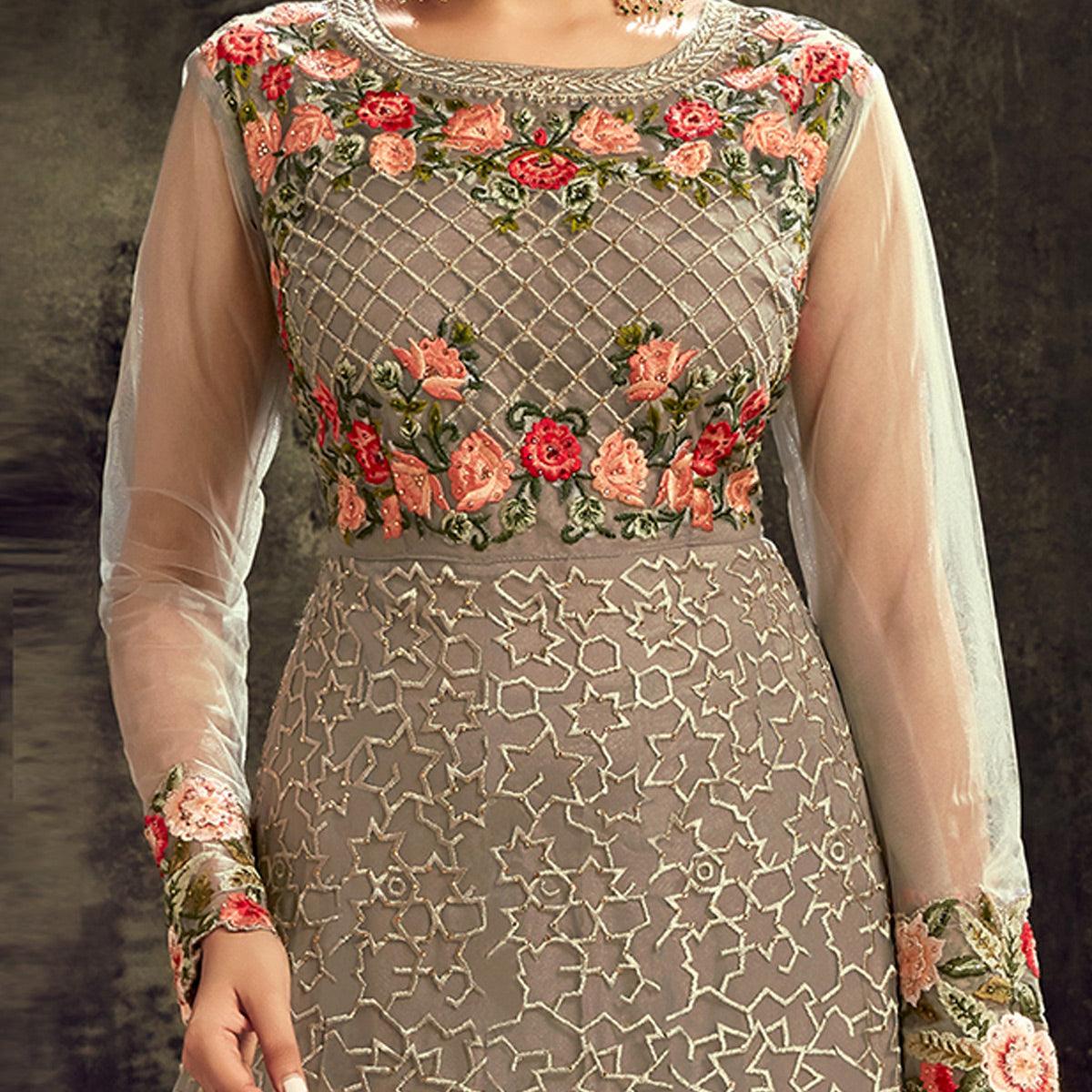 Partywear Designer Embroidery With Stone Work Solar Bronze Heavy Butterfly Net Anarkali Suit - Peachmode