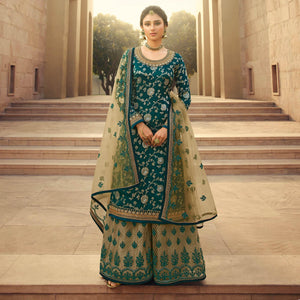 Partywear Designer Floral Embroidery Work Green Dola Jaquard Silk Plazzo Suit - Peachmode