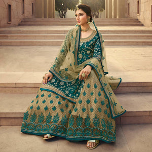 Partywear Designer Floral Embroidery Work Green Dola Jaquard Silk Plazzo Suit - Peachmode