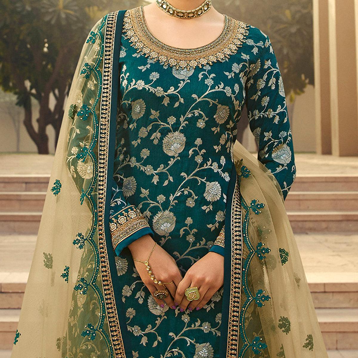 Partywear Designer Floral Embroidery Work Green Dola Jaquard Silk Plazzo Suit - Peachmode