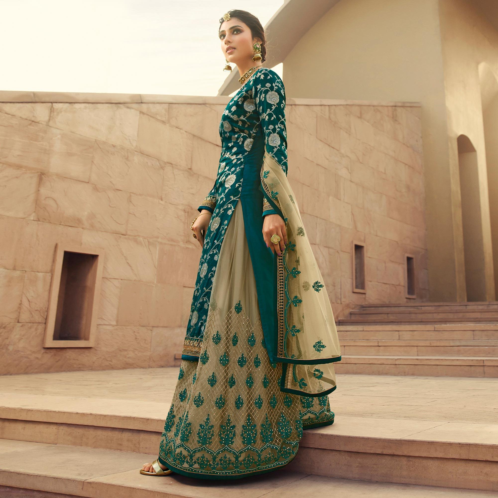Partywear Designer Floral Embroidery Work Green Dola Jaquard Silk Plazzo Suit - Peachmode