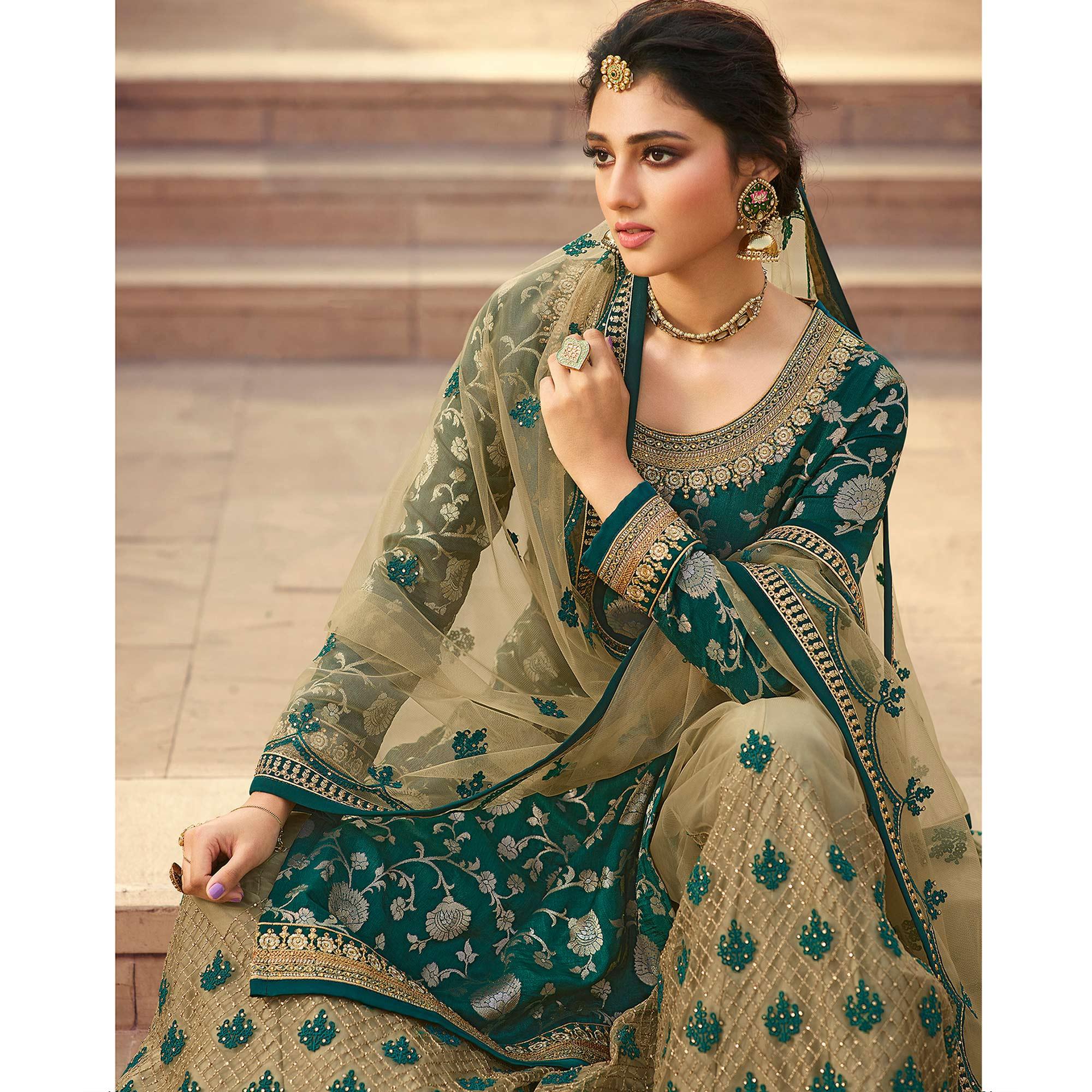 Partywear Designer Floral Embroidery Work Green Dola Jaquard Silk Plazzo Suit - Peachmode