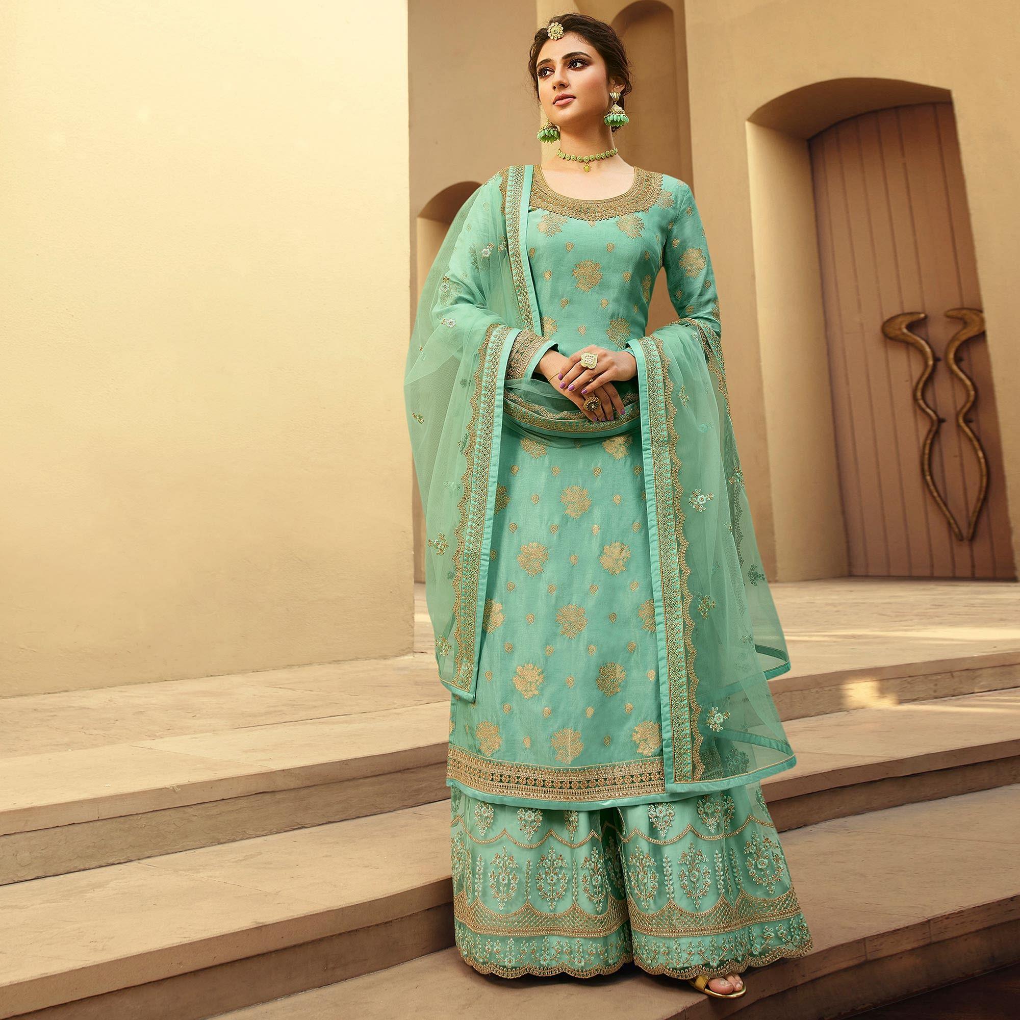 Partywear Designer Floral Embroidery Work Lightseagreen Dola Jaquard Silkplazzo Suit - Peachmode