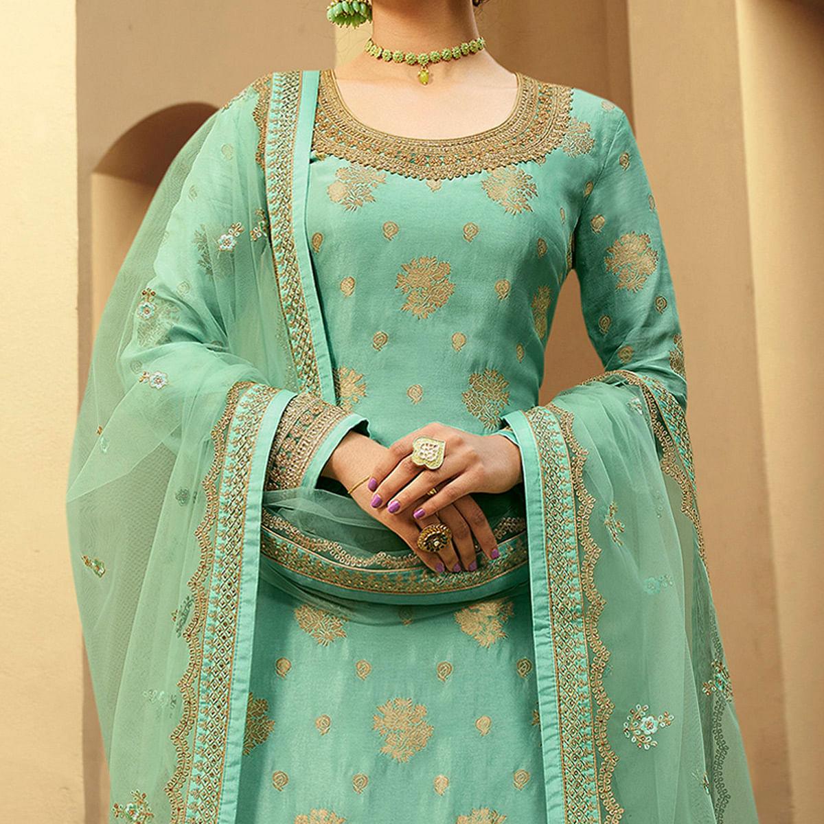 Partywear Designer Floral Embroidery Work Lightseagreen Dola Jaquard Silkplazzo Suit - Peachmode