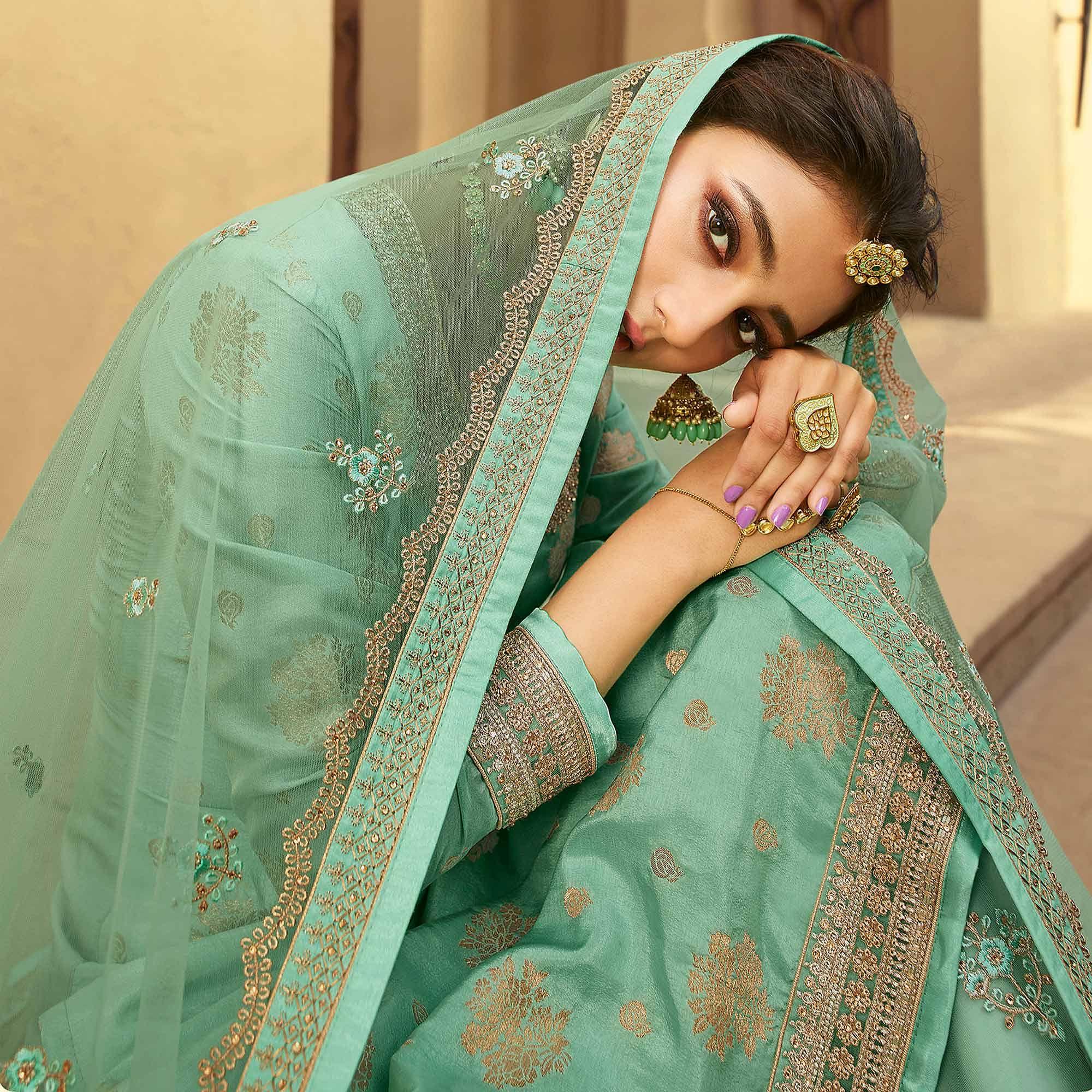 Partywear Designer Floral Embroidery Work Lightseagreen Dola Jaquard Silkplazzo Suit - Peachmode