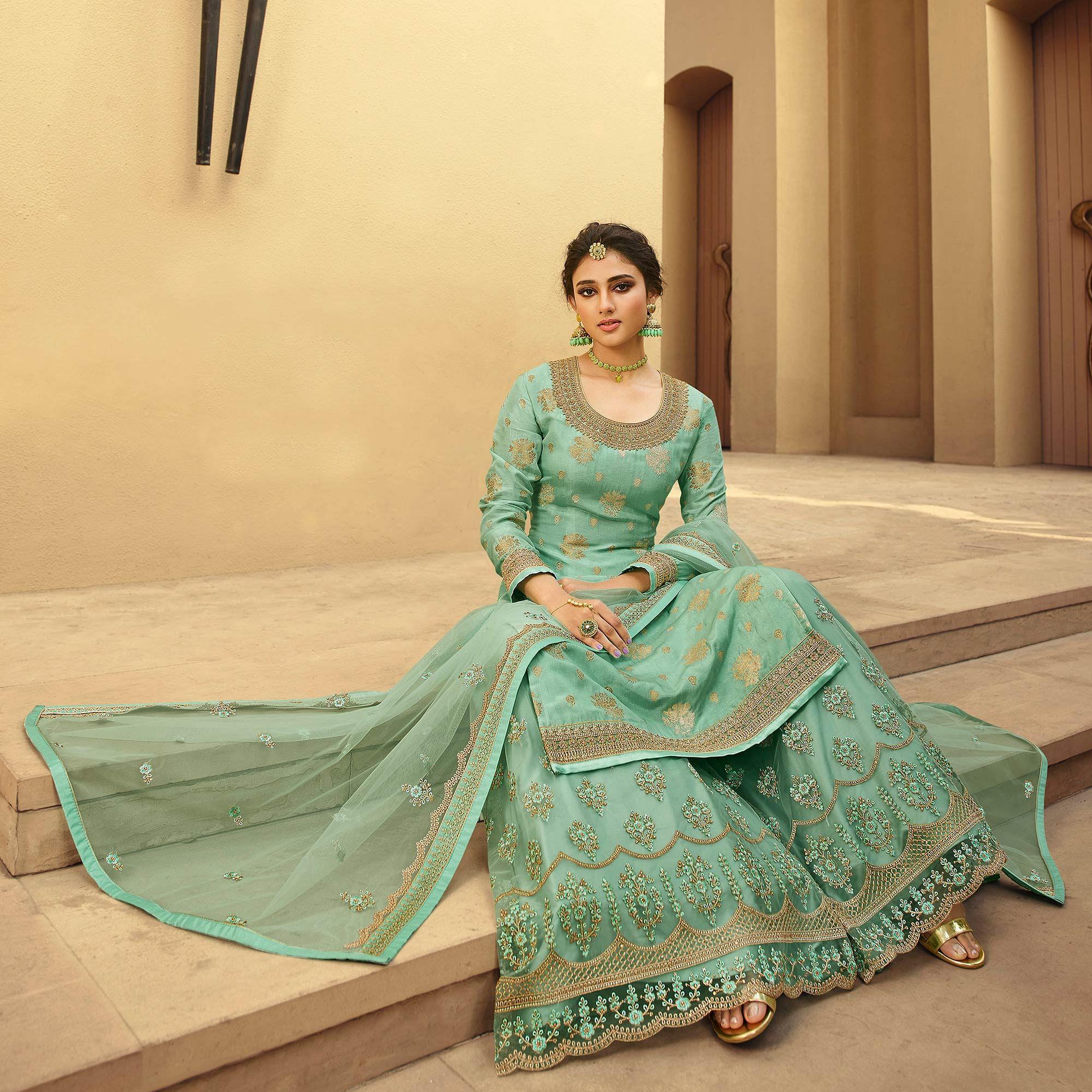 Partywear Designer Floral Embroidery Work Lightseagreen Dola Jaquard Silkplazzo Suit - Peachmode