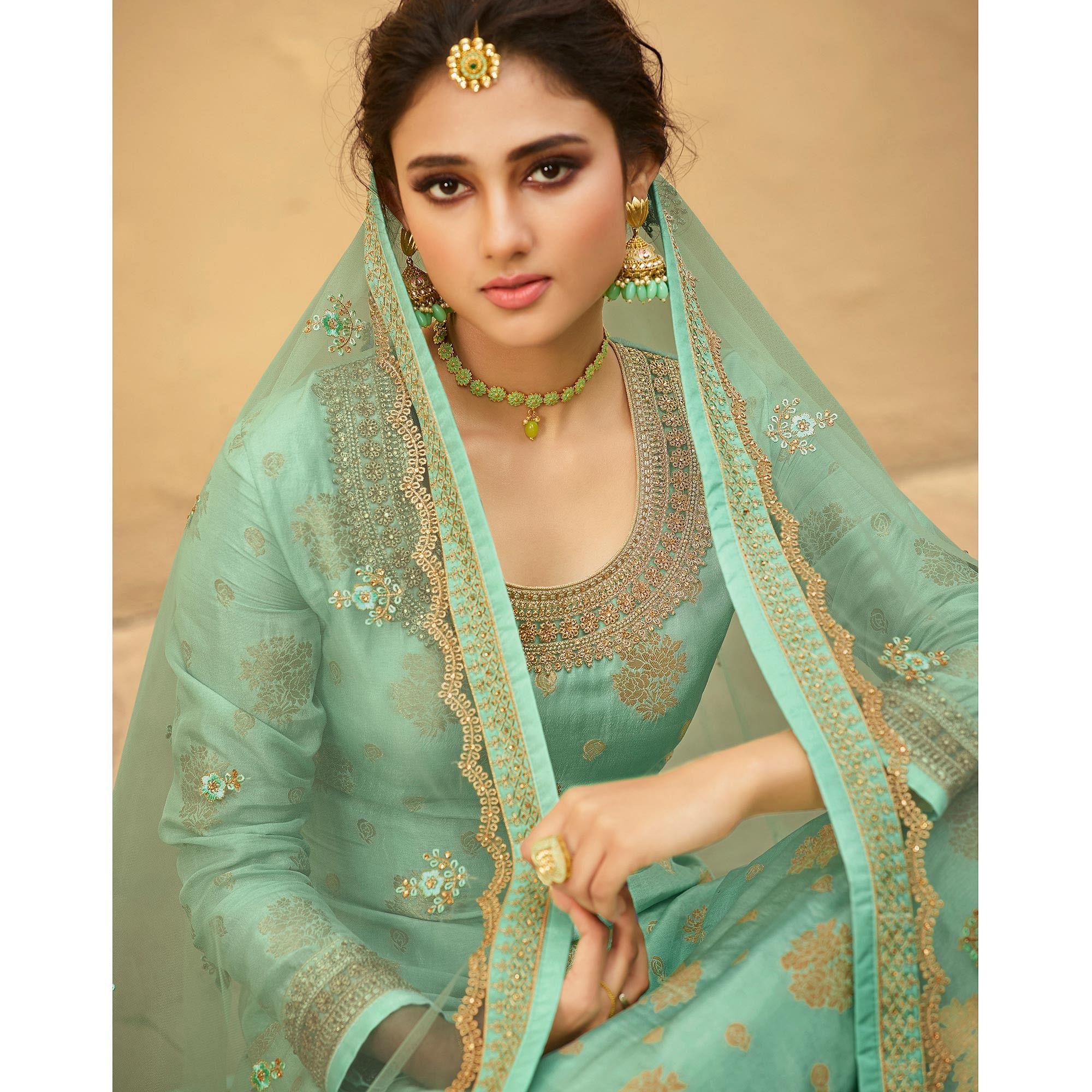 Partywear Designer Floral Embroidery Work Lightseagreen Dola Jaquard Silkplazzo Suit - Peachmode