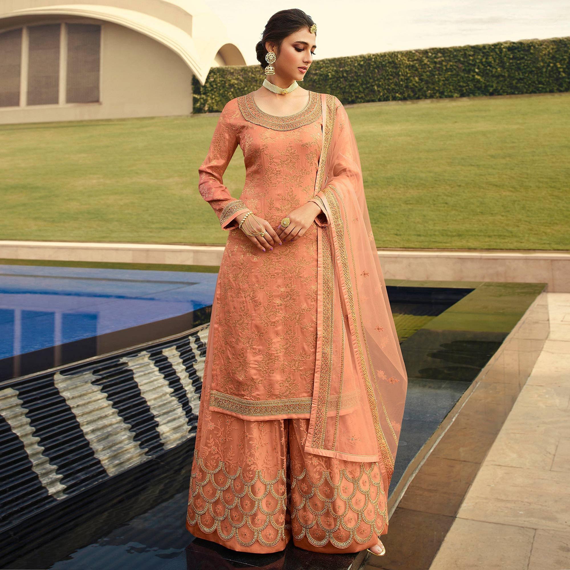 Partywear Designer Floral Embroidery Work Peach Dola Jaquard Silk Plazzo Suit - Peachmode