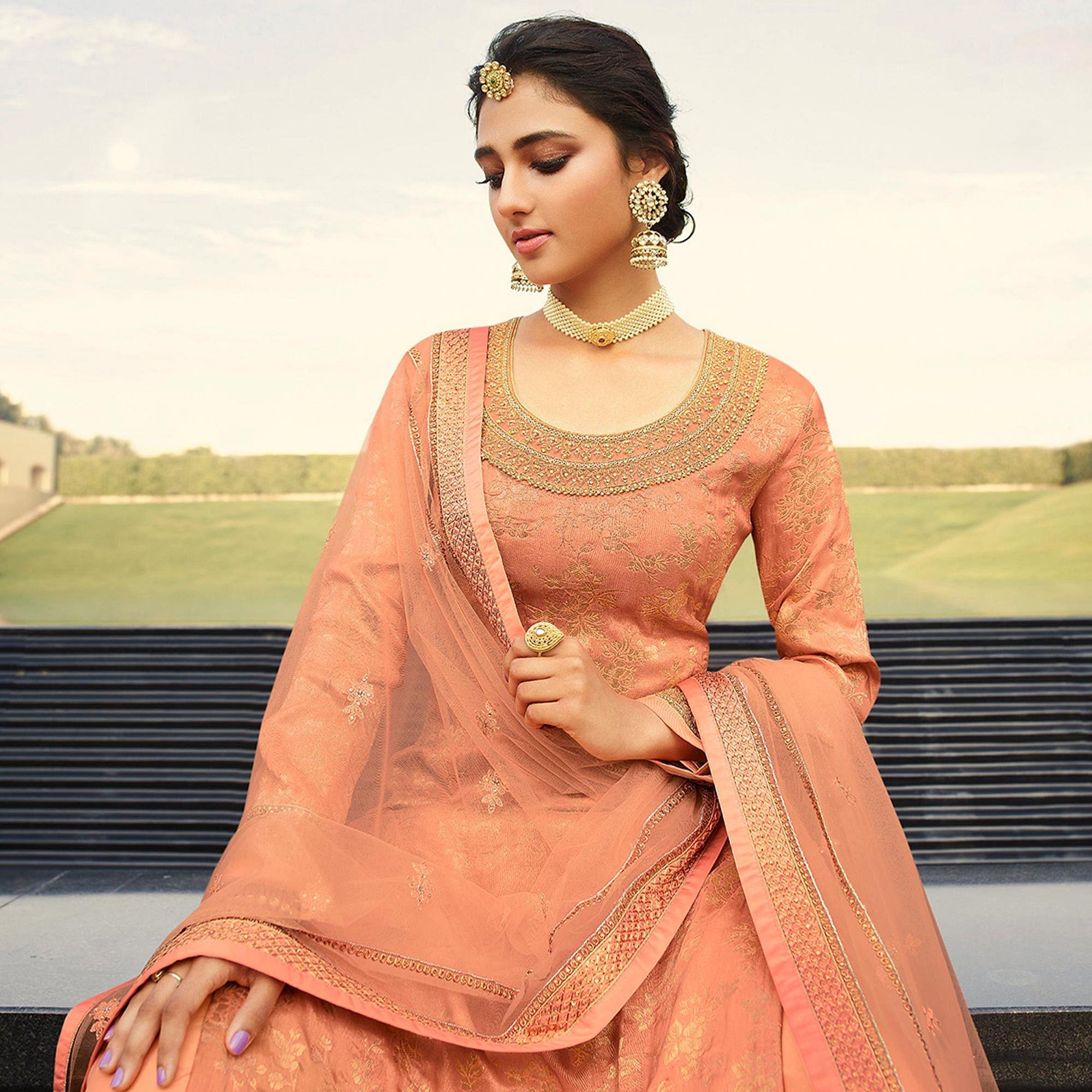 Partywear Designer Floral Embroidery Work Peach Dola Jaquard Silk Plazzo Suit - Peachmode