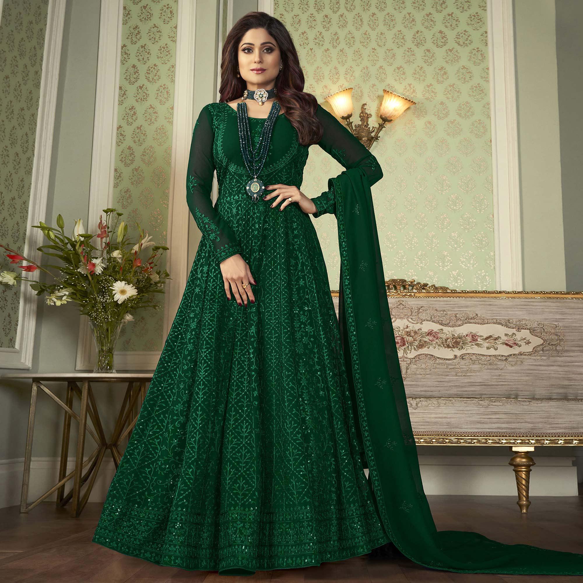 Partywear Floral Designer Dark Green Sequence Work Heavy Fox Georgette  Anarkali  Suit - Peachmode