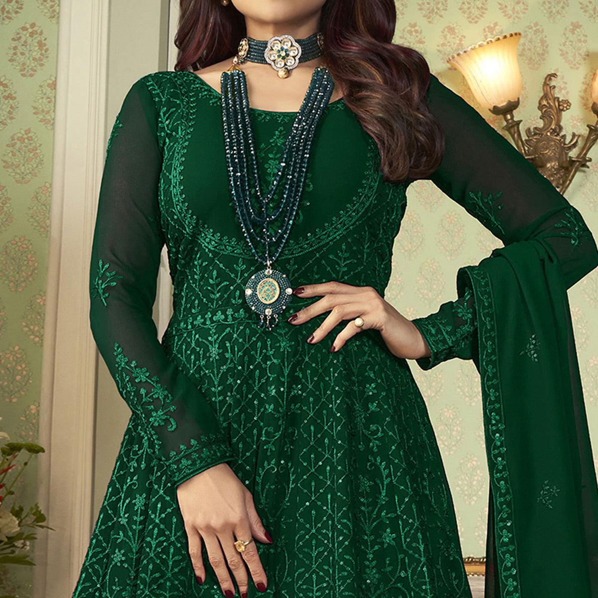Partywear Floral Designer Dark Green Sequence Work Heavy Fox Georgette  Anarkali  Suit - Peachmode