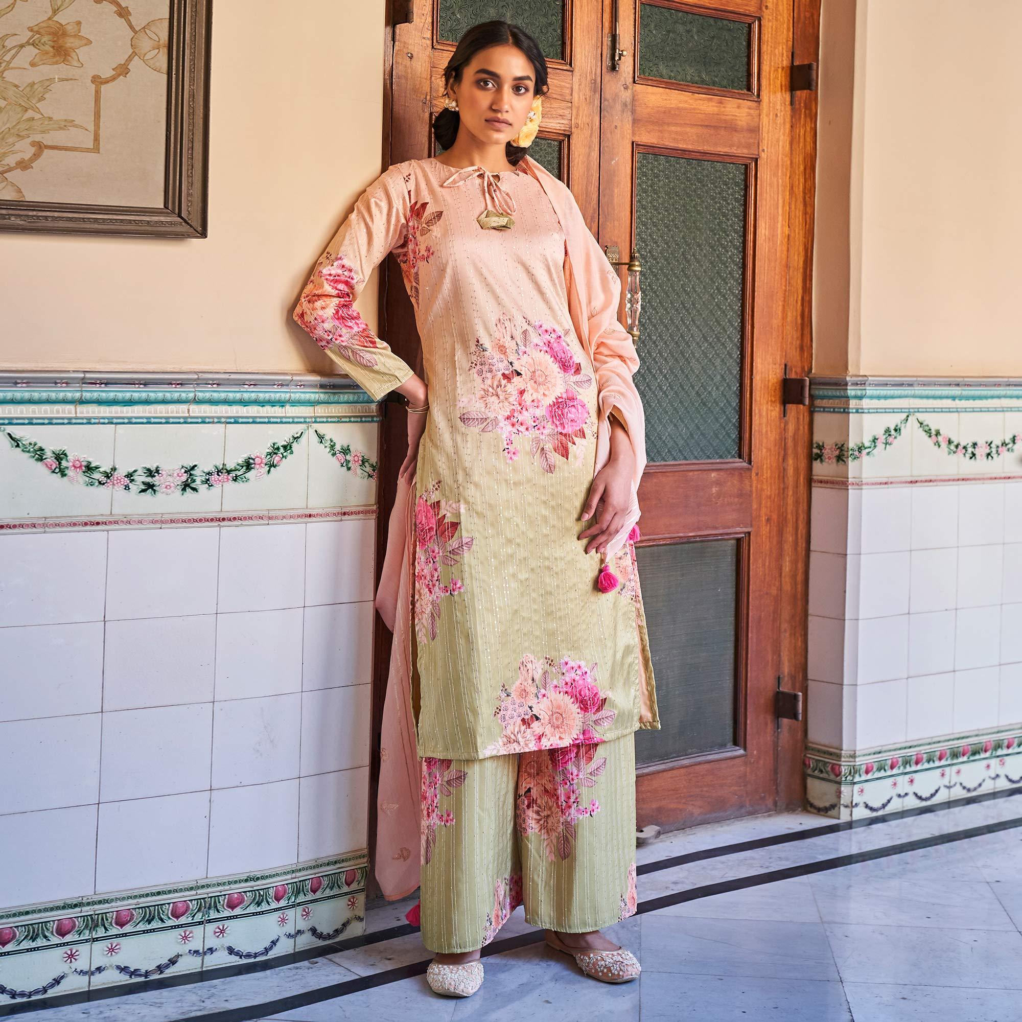 Partywear Multicolored Designer Floral Printed Crochet Palazzo Suit - Peachmode