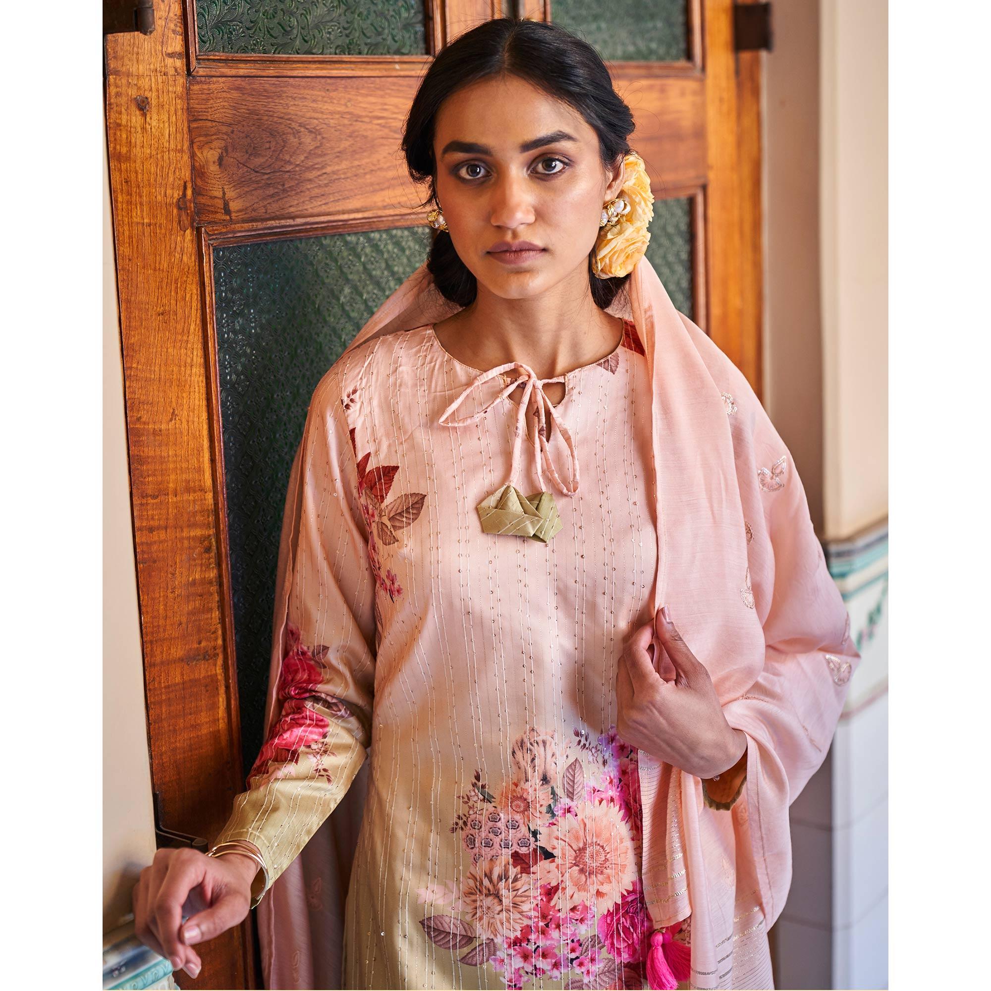 Partywear Multicolored Designer Floral Printed Crochet Palazzo Suit - Peachmode