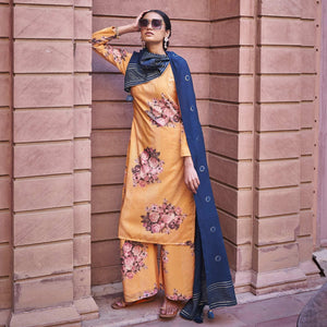 Partywear Orange Designer Floral Printed Crochet Palazzo Suit - Peachmode
