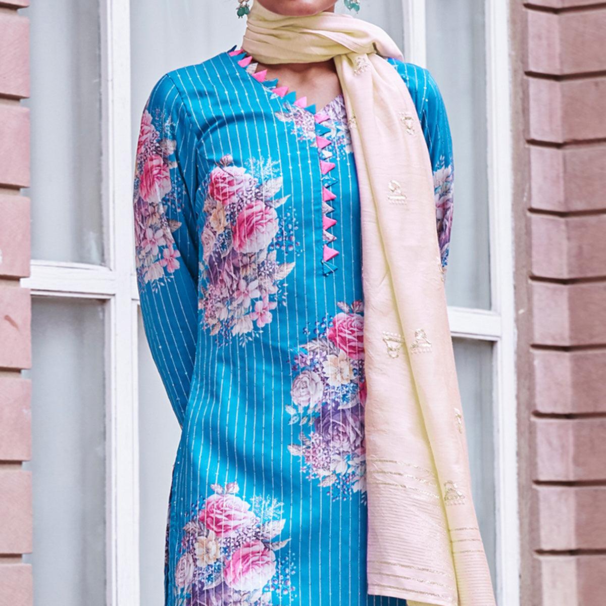 Partywear Sky Blue Designer Floral Printed Crochet Palazzo Suit - Peachmode