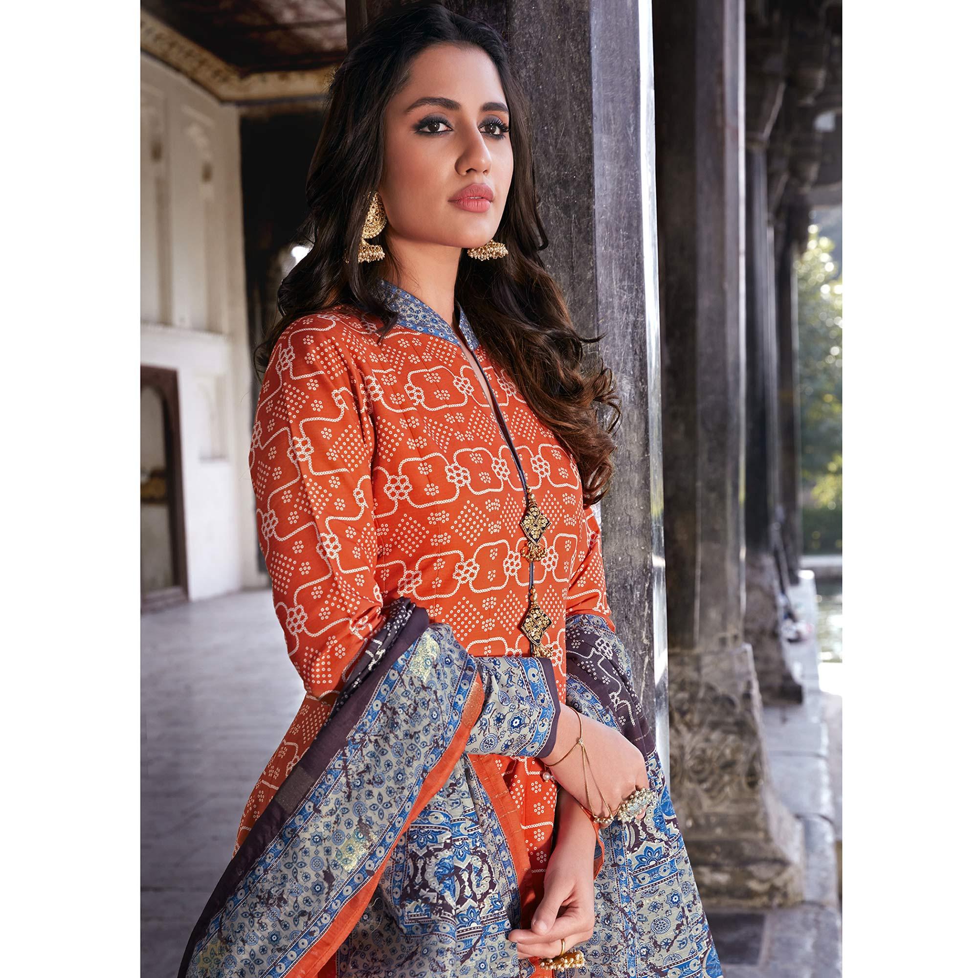 Partywear Vermillion-Orange Digital Printed Killer Silk anarkali Suit - Peachmode