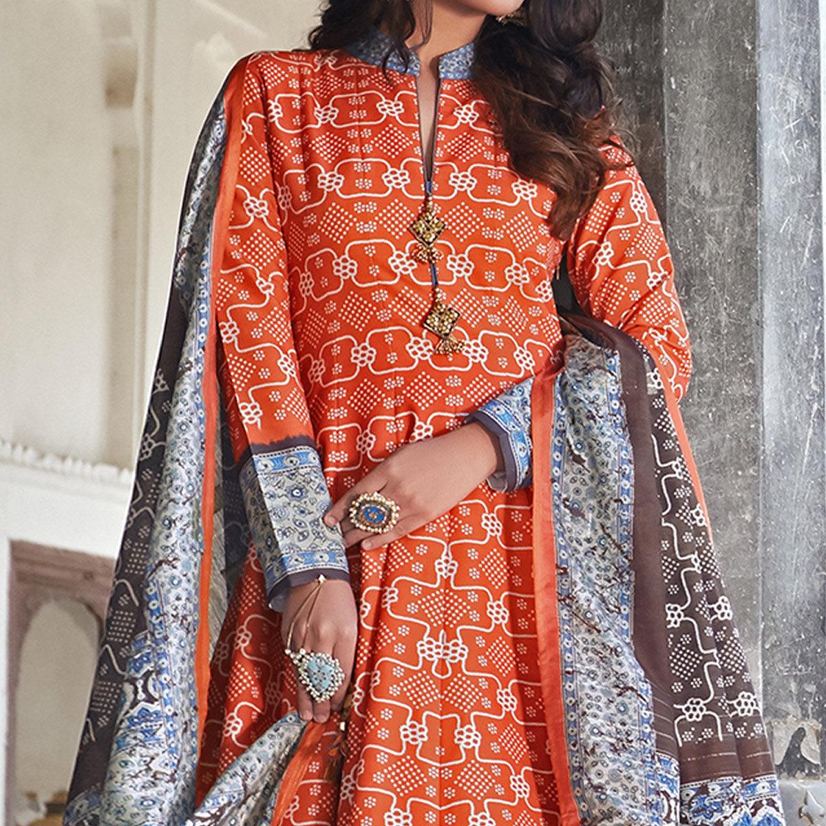 Partywear Vermillion-Orange Digital Printed Killer Silk anarkali Suit - Peachmode