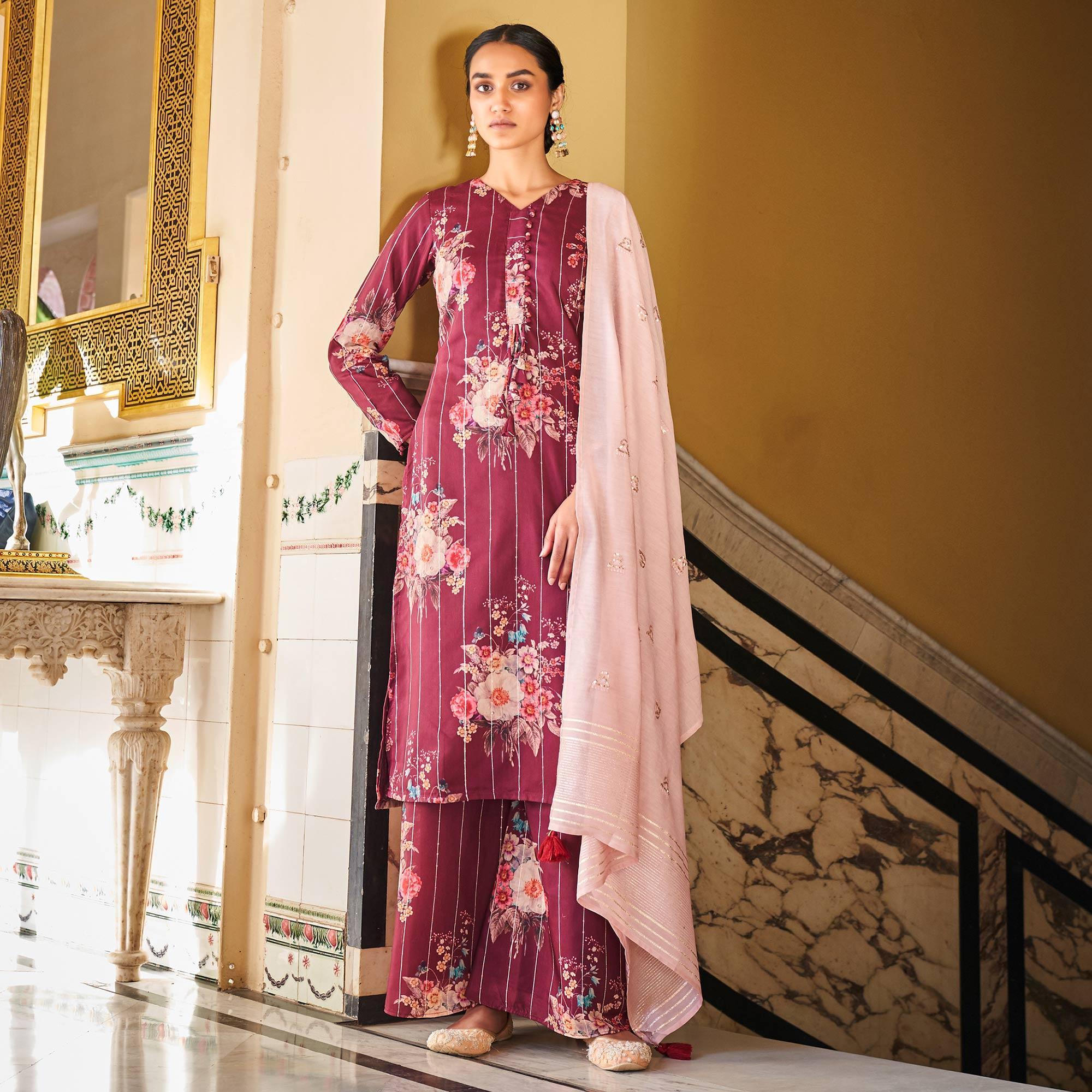 Partywear Wine Designer Floral Printed Crochet Palazzo Suit - Peachmode
