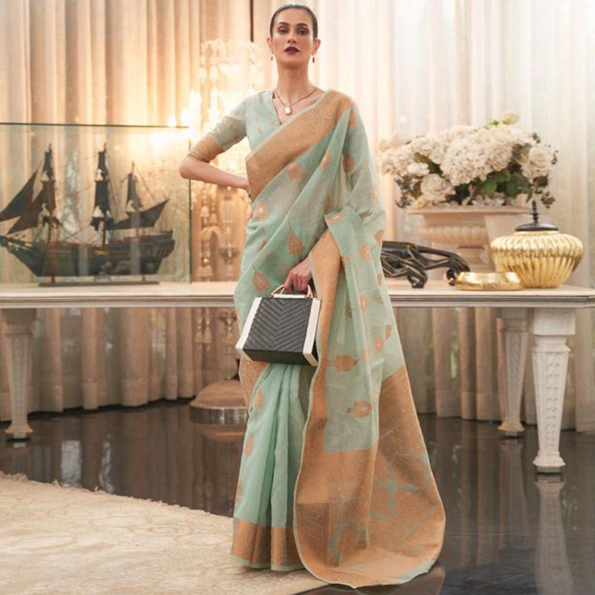 Pastel Blue Festive Wear Woven Linen Saree - Peachmode