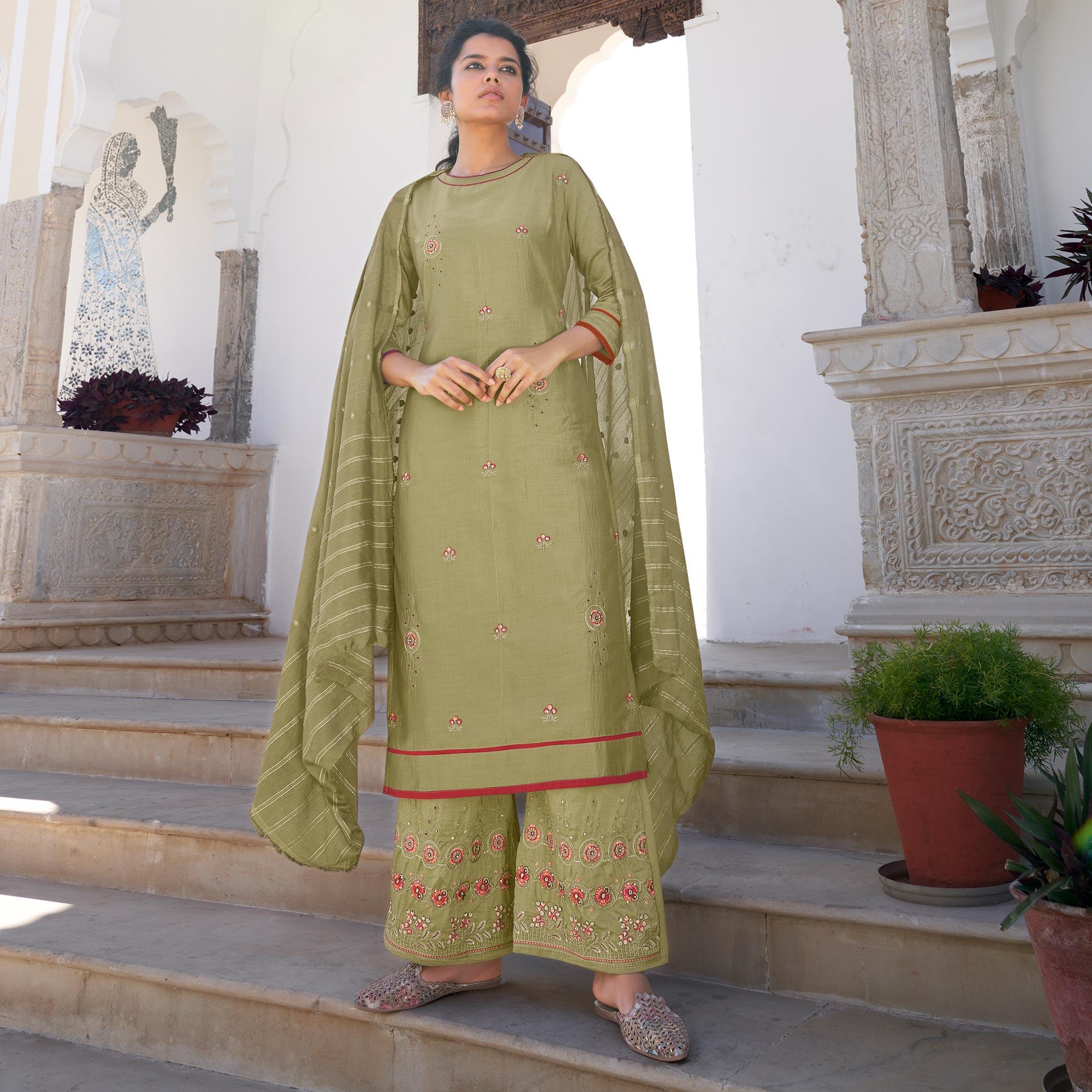 Pastel Green Casual Wear Embroidered Pure Modal Viscose Palazzo Suit - Peachmode