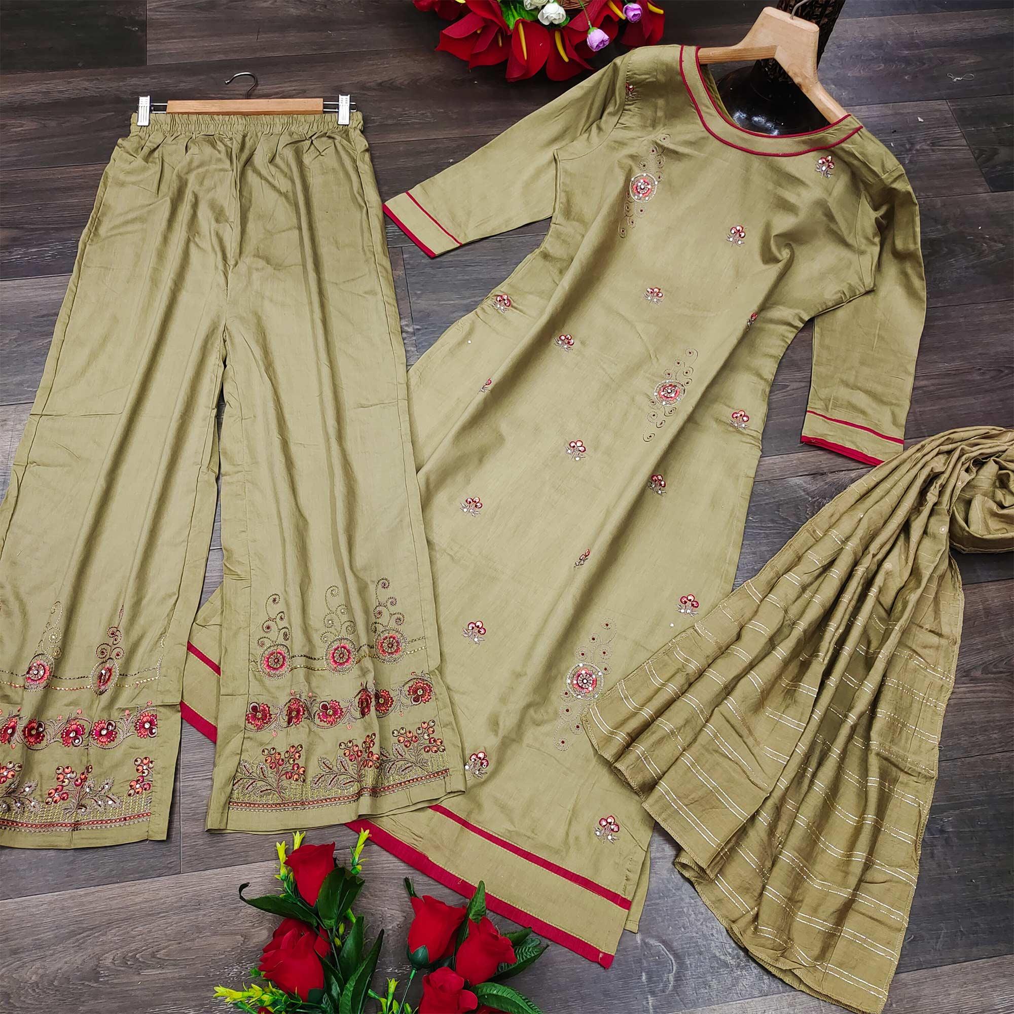 Pastel Green Casual Wear Embroidered Pure Modal Viscose Palazzo Suit - Peachmode