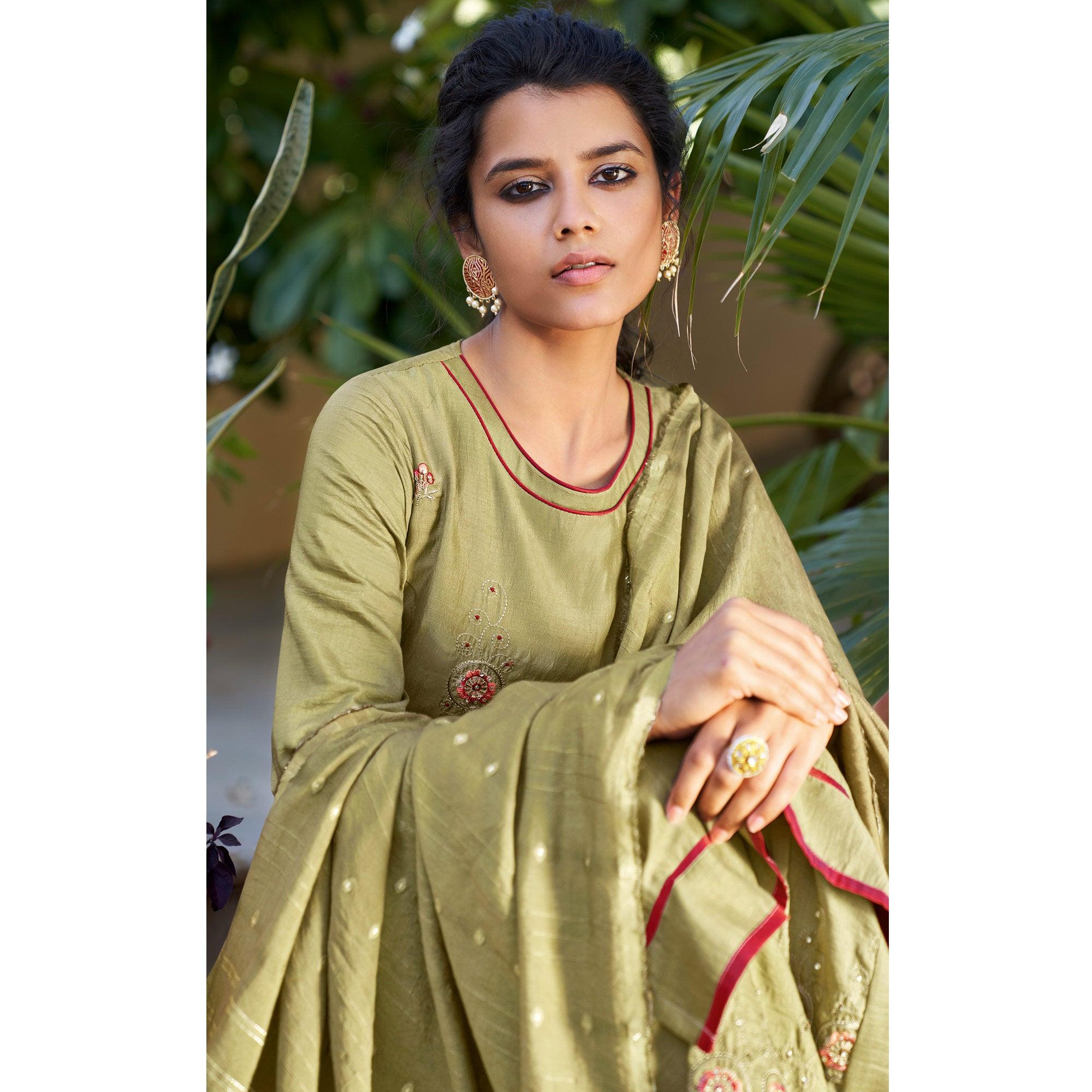 Pastel Green Casual Wear Embroidered Pure Modal Viscose Palazzo Suit - Peachmode