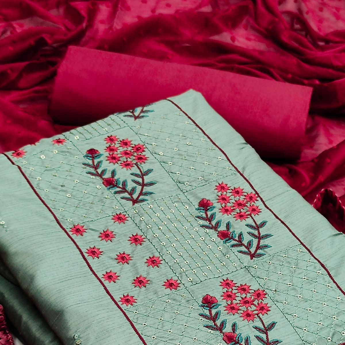 Pastel Green Casual Wear Floral Embroidered Silk Dress Material - Peachmode