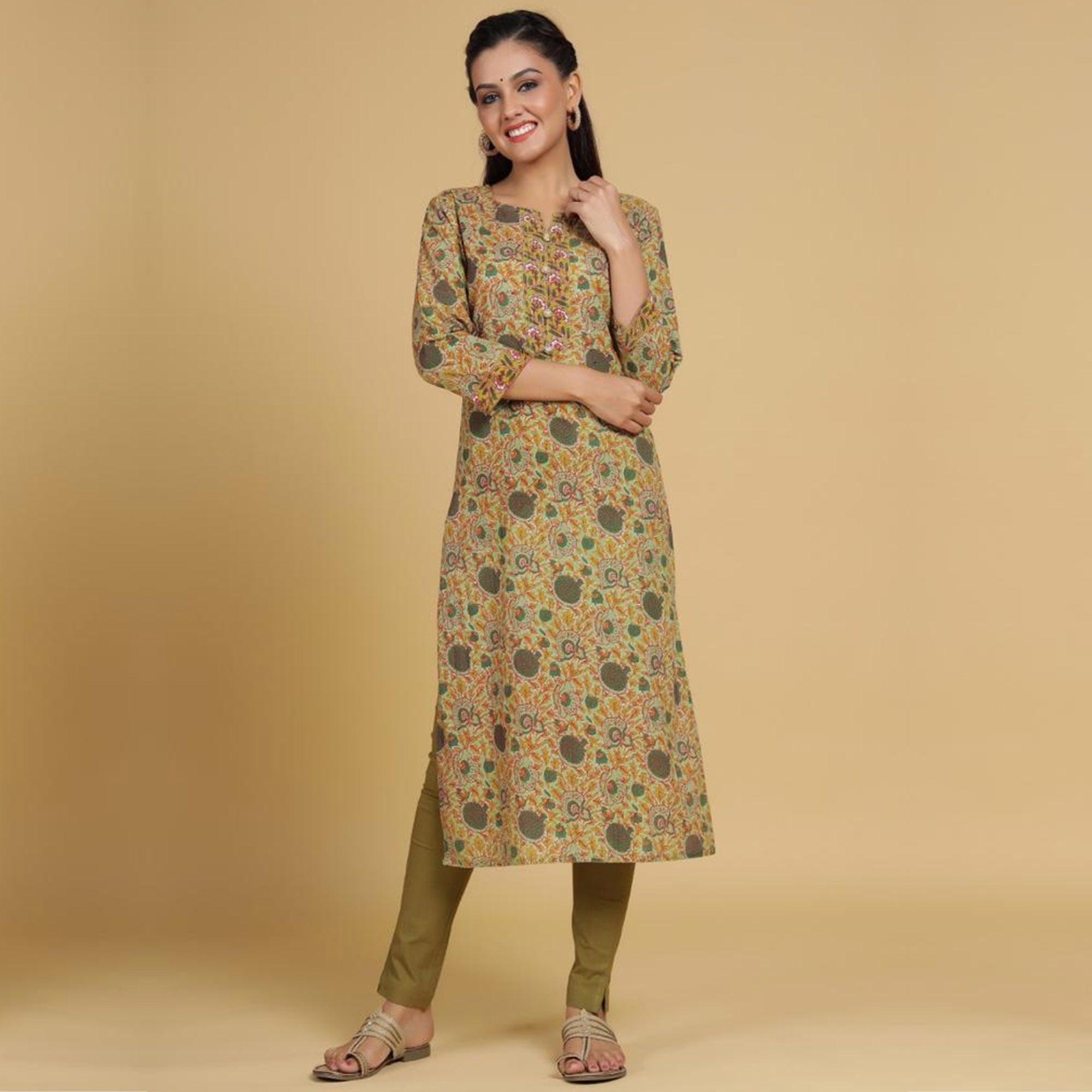 Pastel Green Casual Wear Floral Printed Cotton Kurti - Peachmode