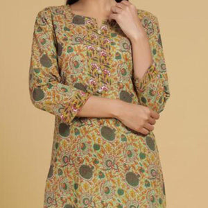 Pastel Green Casual Wear Floral Printed Cotton Kurti - Peachmode