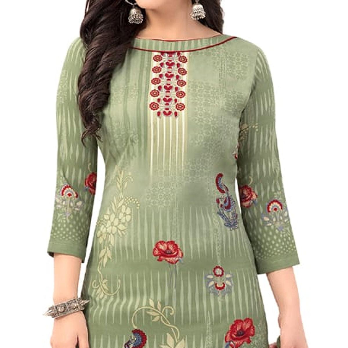 Pastel Green Casual Wear Printed Poly Crepe Dress Material - Peachmode