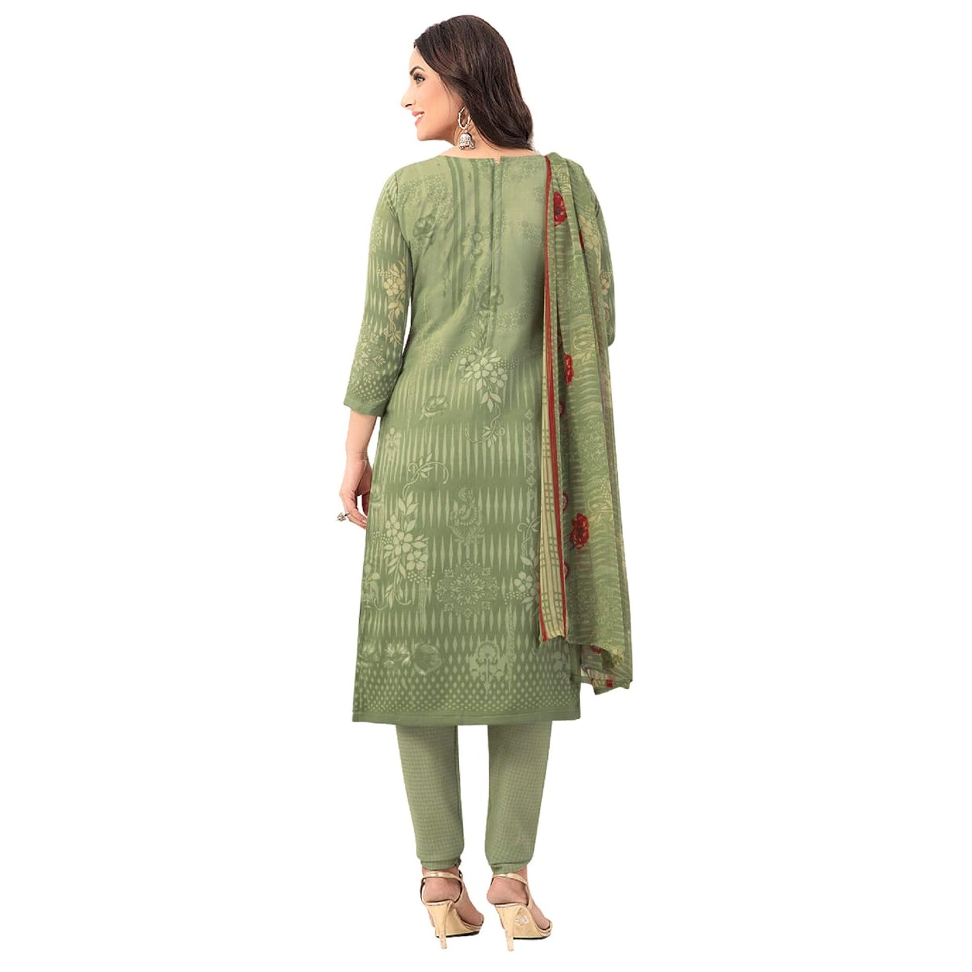 Pastel Green Casual Wear Printed Poly Crepe Dress Material - Peachmode