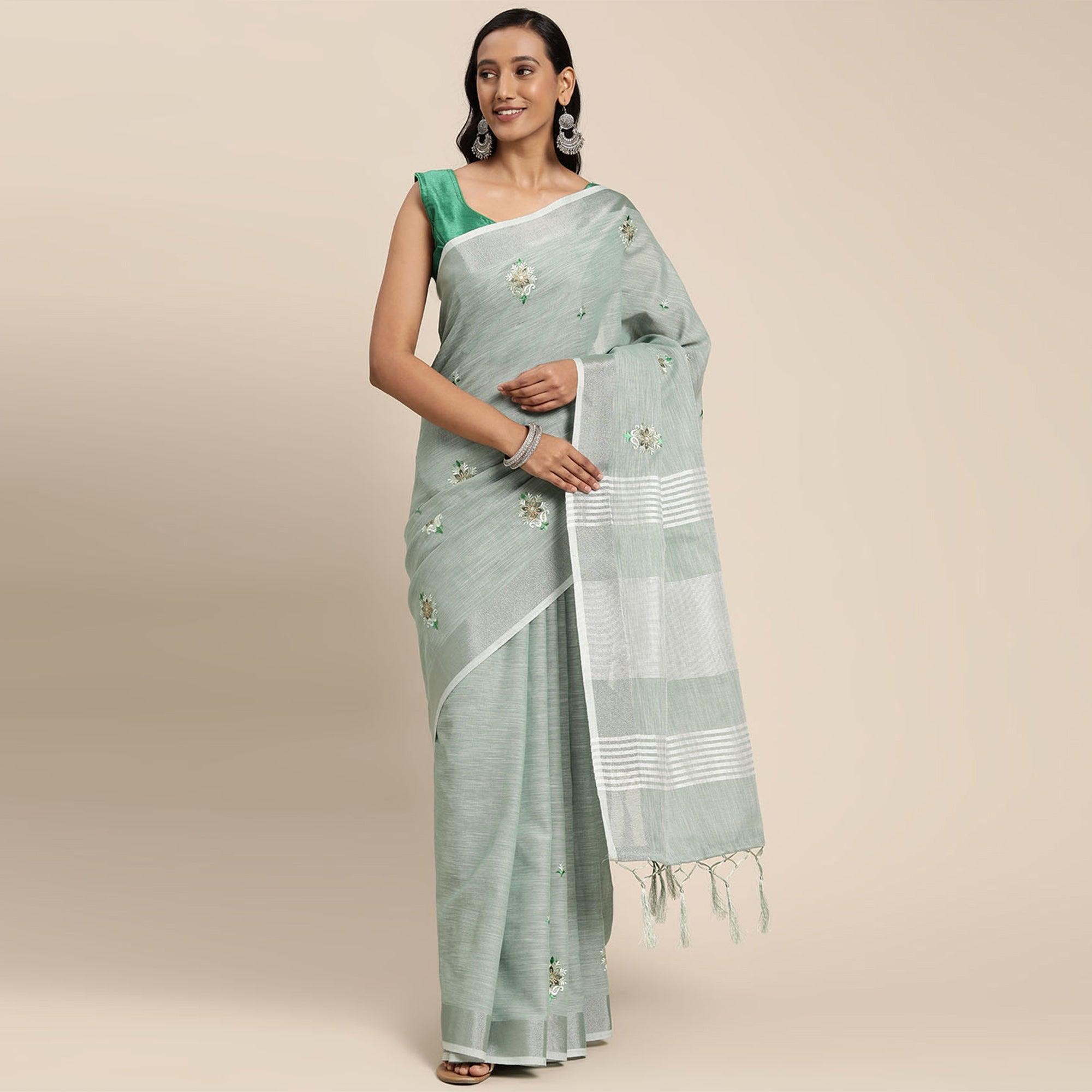 Pastel Green Embroidered Linen Saree With Tassels - Peachmode