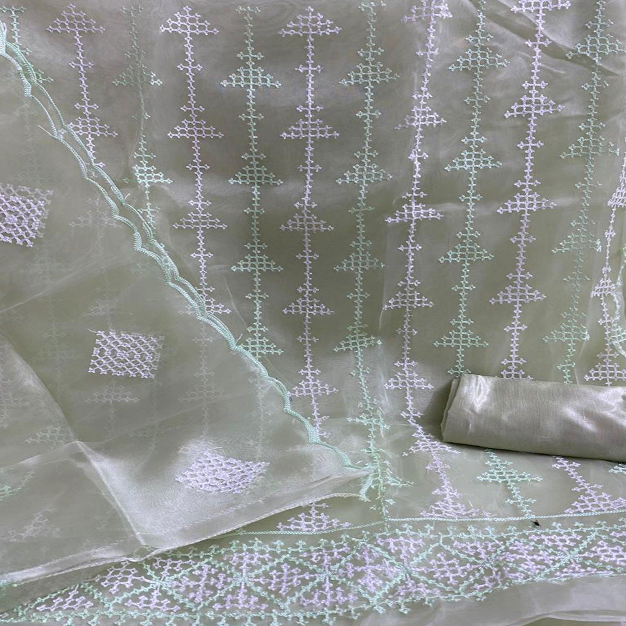 Pastel Green Embroidered Organza Dress Material - Peachmode