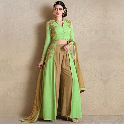 Pastel Green Embroidered Palazzo Suit - Peachmode