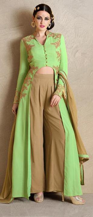 Pastel Green Embroidered Palazzo Suit - Peachmode