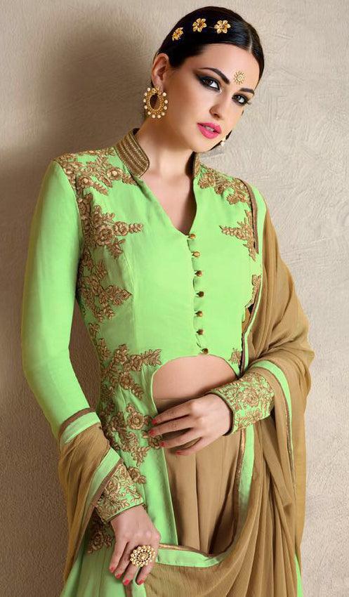 Pastel Green Embroidered Palazzo Suit - Peachmode