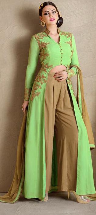 Pastel Green Embroidered Palazzo Suit - Peachmode