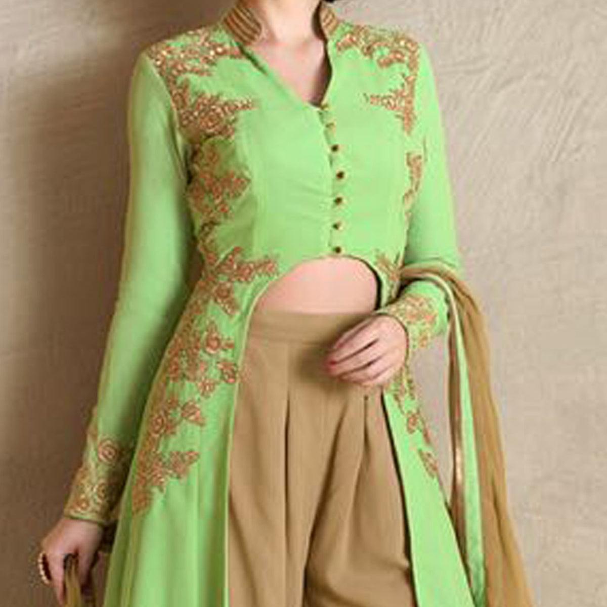 Pastel Green Embroidered Palazzo Suit - Peachmode